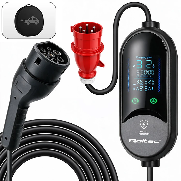 Qoltec Mobilna kroviklis automobiliui elektrycznego EV i hybryd su regulacją 2w1 Typ2 | 7kW | 230V | CEE 32A | LED | 5m