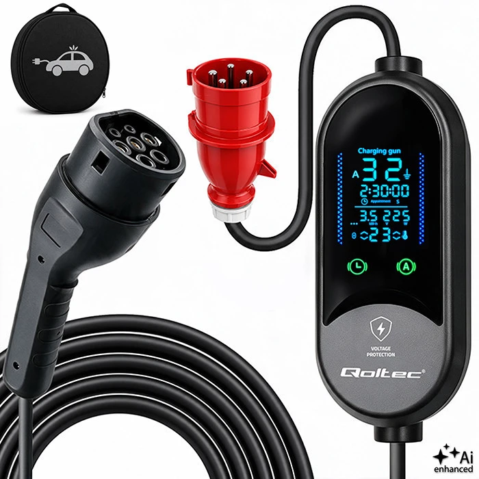 Qoltec Mobilusis elektromobilio ir hibridinio automobilio įkroviklis su reguliavimu 2in1 Type2 | 7kW | 230V | CEE 32A | LED | 5m