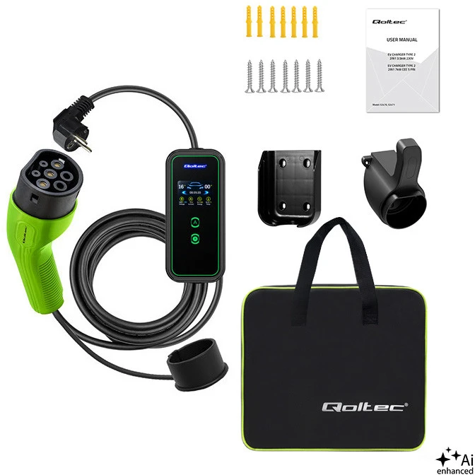 Qoltec Mobilna kroviklis automobiliui elektrinis EV su 2in1 reguliavimas Type2 | 3,5 kW | 230V | Wifi | LCD | Nešiojamas | Wallbox | 5 m