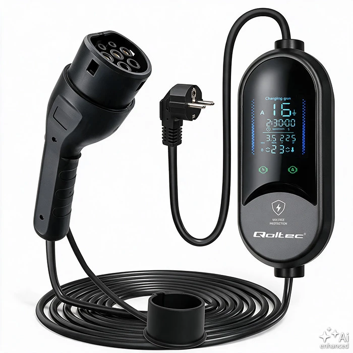 Qoltec Mobilna kroviklis automobiliui elektrycznego EV i hybryd su regulacją 2w1 Typ2 | 3.5kW | 230V | SCHUKO 16A | LED | 5m