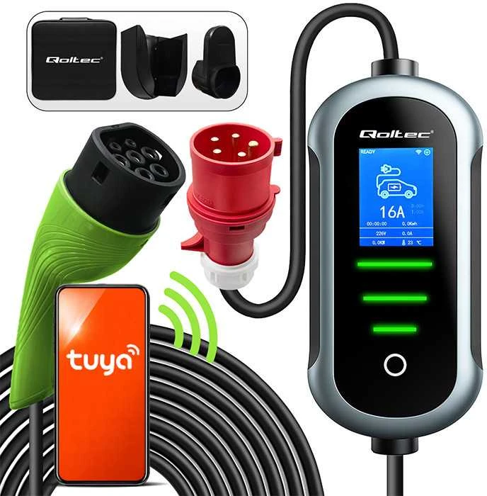 Qoltec 2in1 Type2 | 22kW | 400V | Wi-Fi | TUYA | SMART LIFE | LCD | Nešiojamas | Sieninis įkroviklis | 7m