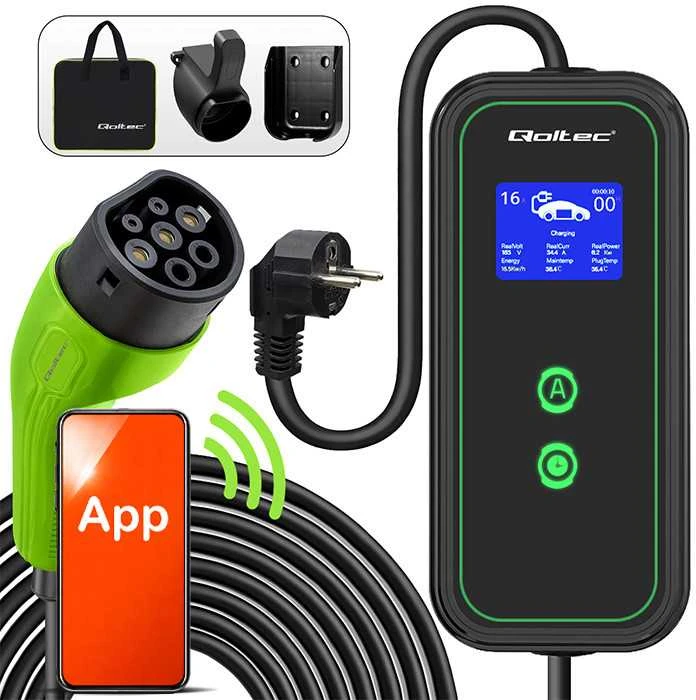 Qoltec Mobilna kroviklis automobiliui elektrinis EV su 2in1 reguliavimas Type2 | 3,5 kW | 230V | Wifi | LCD | Nešiojamas | Wallbox | 5 m