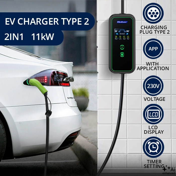 Qoltec mobilus įkroviklis elektromobiliui EV su reguliavimu 2 in 1, Type 2 | 11 kW | Wi-Fi | LCD | 3 fazės | 5 m