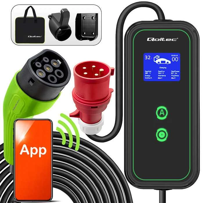 Qoltec mobilusis elektromobilių įkroviklis su 2 viename, 2 tipo reguliavimu | 7kW | 230V | CEE 3 kontaktų | „Wi-Fi“ | LCD | nešiojamas | sieninis įkroviklis | 5 m