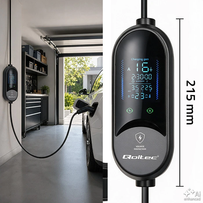 Qoltec Mobilna kroviklis automobiliui elektrycznego EV i hybryd su regulacją 2w1 Typ2 | 3.5kW | 230V | SCHUKO 16A | LED | 5m