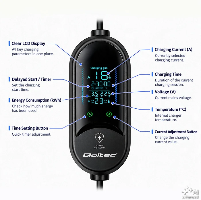 Qoltec Mobilna kroviklis automobiliui elektrycznego EV i hybryd su regulacją 2w1 Typ2 | 3.5kW | 230V | SCHUKO 16A | LED | 5m