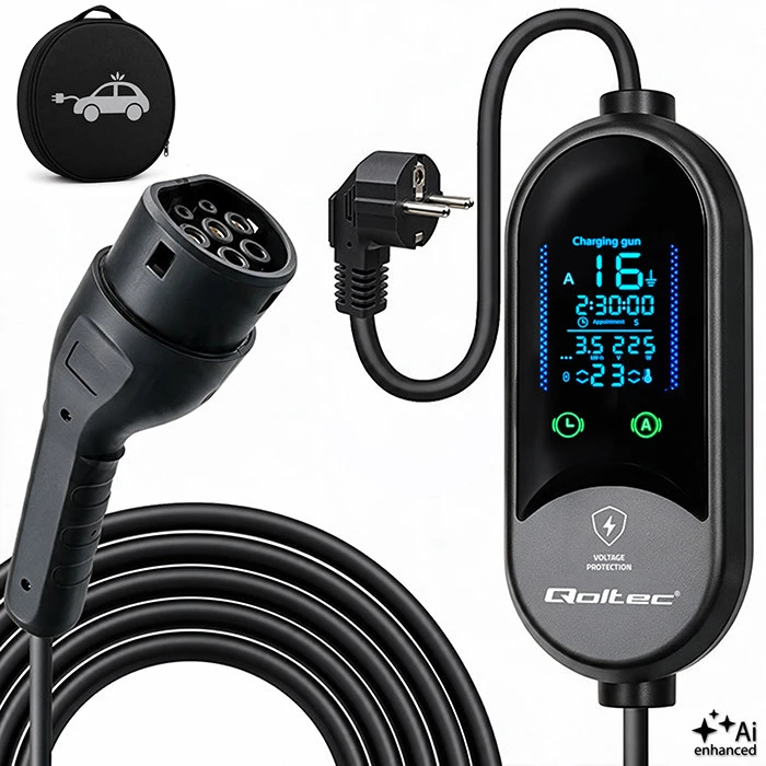 Qoltec Mobilusis elektromobilio ir hibridinio automobilio įkroviklis su reguliavimu 2 in 1 Type2 | 3,5 kW | 230 V | SCHUKO 16A | LED | 5 m
