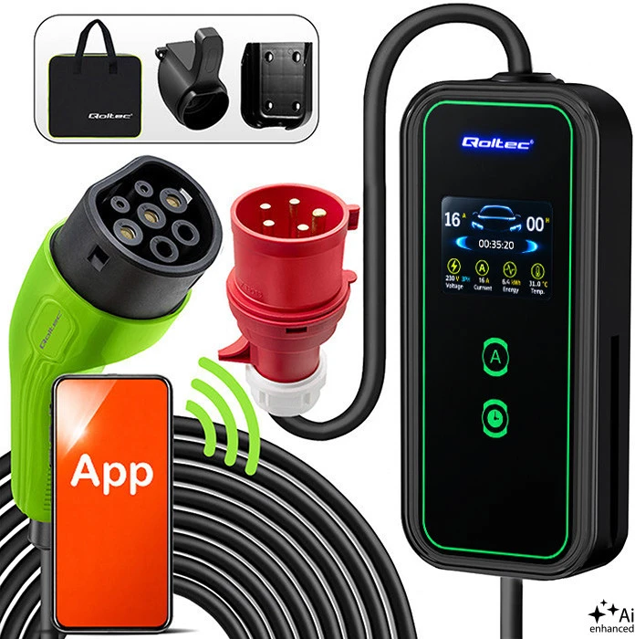 Qoltec mobilus įkroviklis elektromobiliui EV su reguliavimu 2 in 1, Type 2 | 11 kW | Wi-Fi | LCD | 3 fazės | 5 m