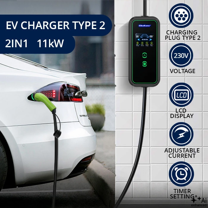 Nešiojamas reguliuojamas elektromobilių įkroviklis Qoltec 2in1 Type2 | 11kW | CEE 5 PIN | LCD | 3 fazių | Sieninė dėžutė | 5 m
