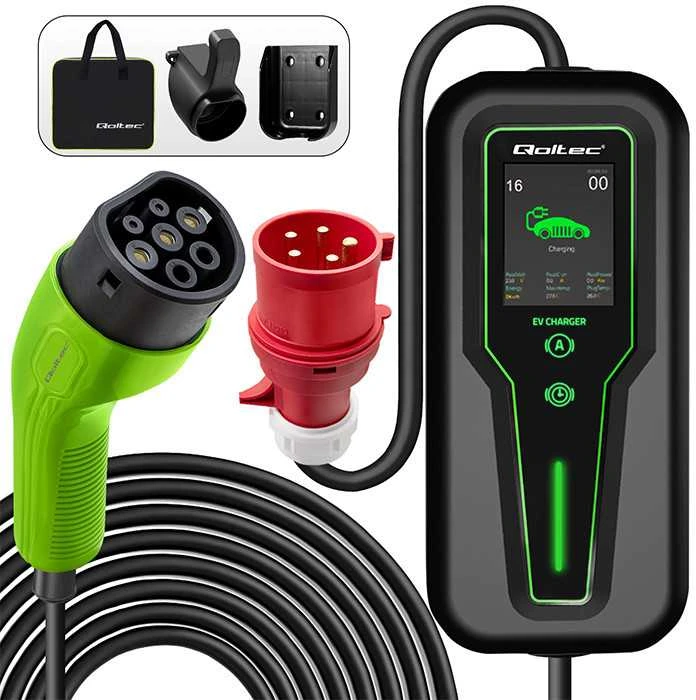 Qoltec Mobilus elektromobilių įkroviklis su 2 viename, 2 tipo reguliavimu | 7kW | CEE 3 kontaktų | 230V | LCD | Nešiojamas | Sieninis įkroviklis | 5m