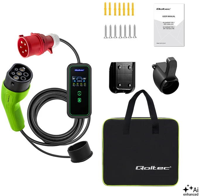 Nešiojamas reguliuojamas elektromobilių įkroviklis Qoltec 2in1 Type2 | 11kW | CEE 5 PIN | LCD | 3 fazių | Sieninė dėžutė | 5 m