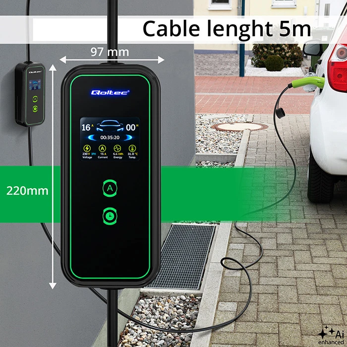 Nešiojamas reguliuojamas elektromobilių įkroviklis Qoltec 2in1 Type2 | 11kW | CEE 5 PIN | LCD | 3 fazių | Sieninė dėžutė | 5 m
