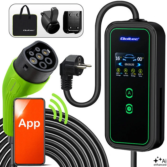Qoltec Mobilna kroviklis automobiliui elektrinis EV su 2in1 reguliavimas Type2 | 3,5 kW | 230V | Wifi | LCD | Nešiojamas | Wallbox | 5 m