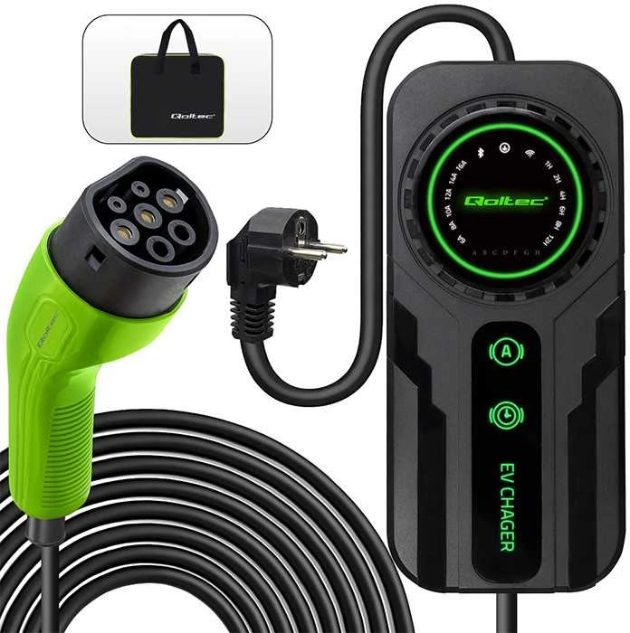 Qoltec Mobilus elektromobilių įkroviklis su 2in1 Type2 reguliavimu | SCHUKO | 3,5 kW | 230 V | LCD | Nešiojamas | Sieninis įkroviklis | 5 m