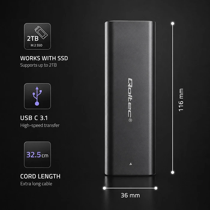 QOLTEC 50311 korpusas, skirtas M.2 SATA SSD / NGFF / C tipo USB