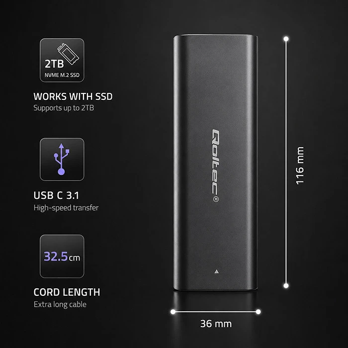QOLTEC 50312 M.2 SATA SSD / NVME / USB tipo C korpusas