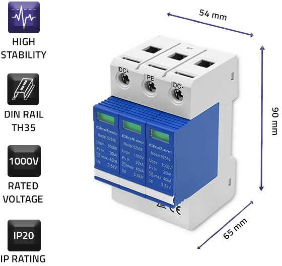 QOLTEC 52586 DC apsaugos nuo viršįtampių iškroviklis / 3P / 1000V / T2 / BC