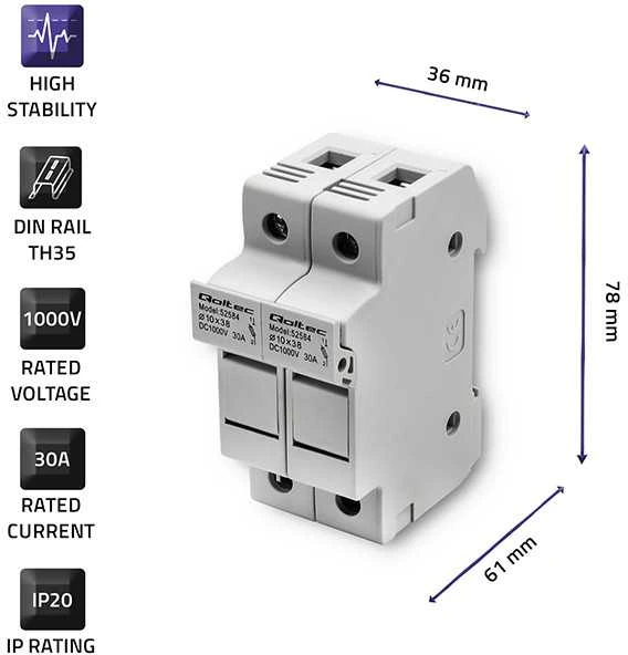 QOLTEC 52584 Saugiklio pagrindas Nuolatinės srovės saugiklis / 2P / 1000V / 30A / 10x38 / saulės