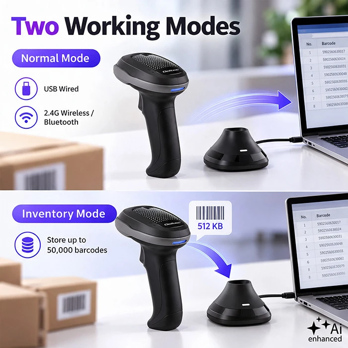 Qoltec Precyzyjny belaidis skaner czytnik kodów kreskowych 1D 2D + stacja ładowania | QR | EAN | USB