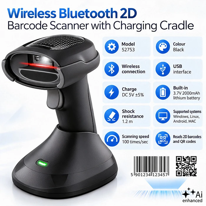 Qoltec Precyzyjny belaidis skaner czytnik kodów kreskowych 1D 2D + stacja ładowania | QR | EAN | USB