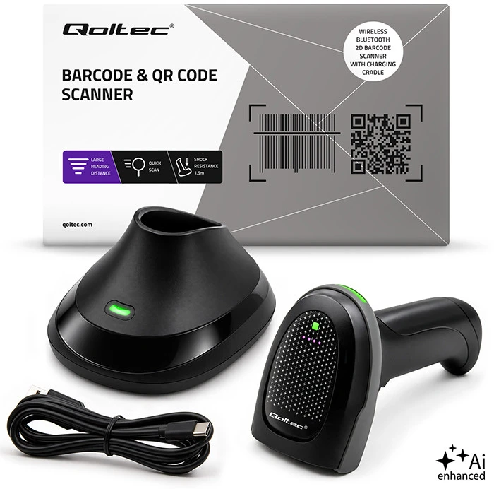 Qoltec Precyzyjny belaidis skaner czytnik kodów kreskowych 1D 2D + stacja ładowania | QR | EAN | USB