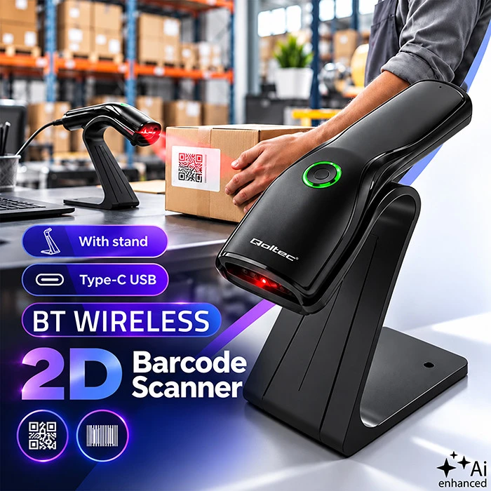 Qoltec Precyzyjny belaidis skaner czytnik kodów kreskowych 1D 2D + stojak na skaner | QR | EAN | USB