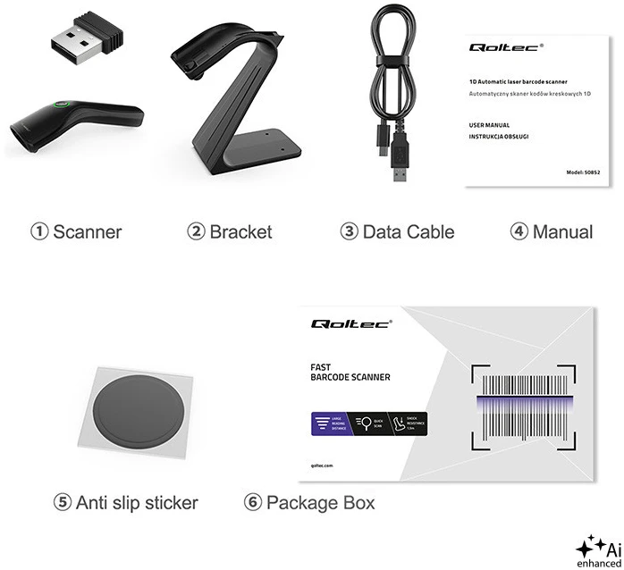 Qoltec Precyzyjny belaidis skaner czytnik kodów kreskowych 1D 2D + stojak na skaner | QR | EAN | USB