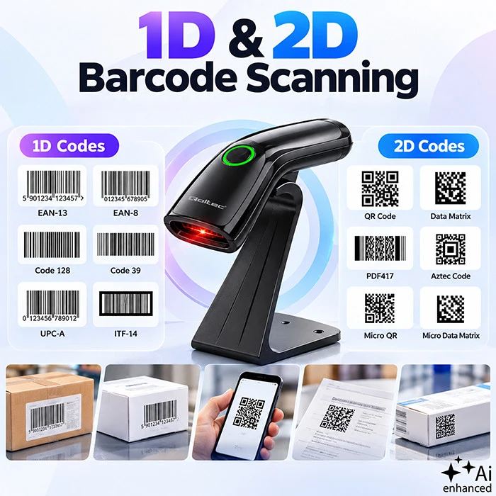 Qoltec Precyzyjny Skaner czytnik kodów kreskowych 1D 2D + stojak na skaner | QR | EAN | USB