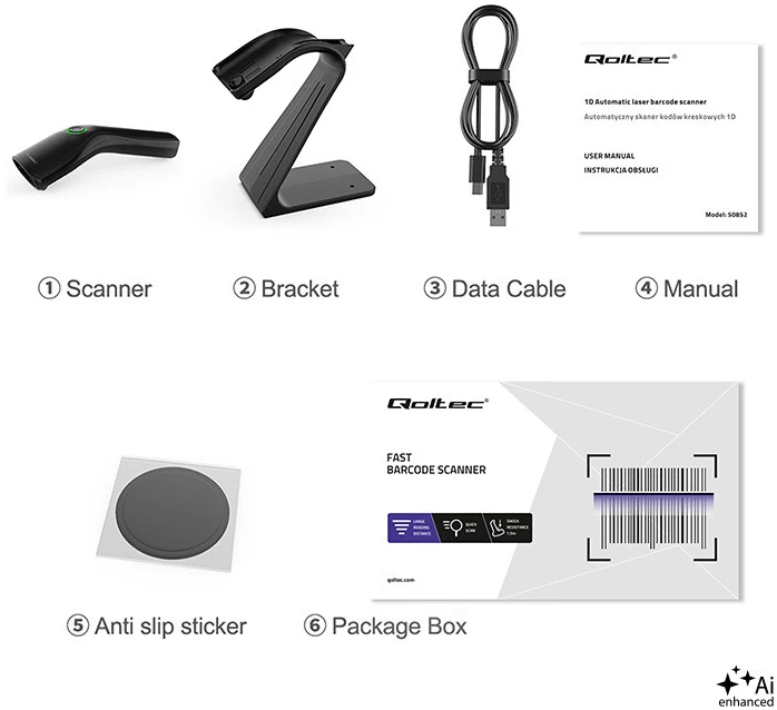 Qoltec Precyzyjny Skaner czytnik kodów kreskowych 1D 2D + stojak na skaner | QR | EAN | USB