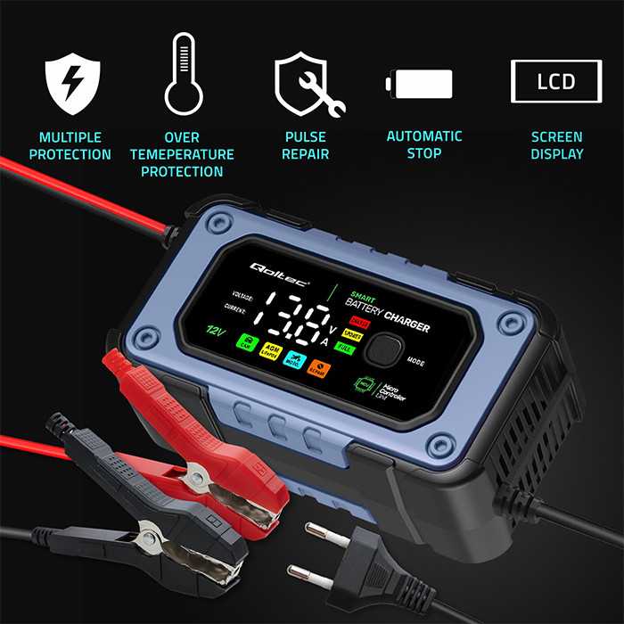 Qoltec Intelektualus mikroprocesorius kroviklis 12V | 7A | AGM LiFePO4 GEL akumuliatoriaus įkroviklis su remonto funkcija