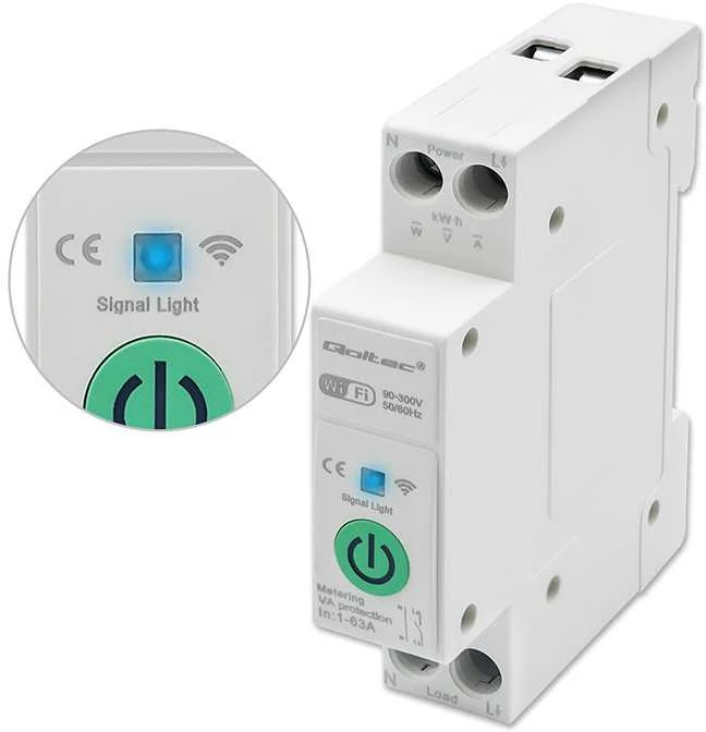 Qoltec 63A relė DIN bėgeliui su elektros skaitikliu | TUYA | Wifi | PROTINGAS GYVENIMAS