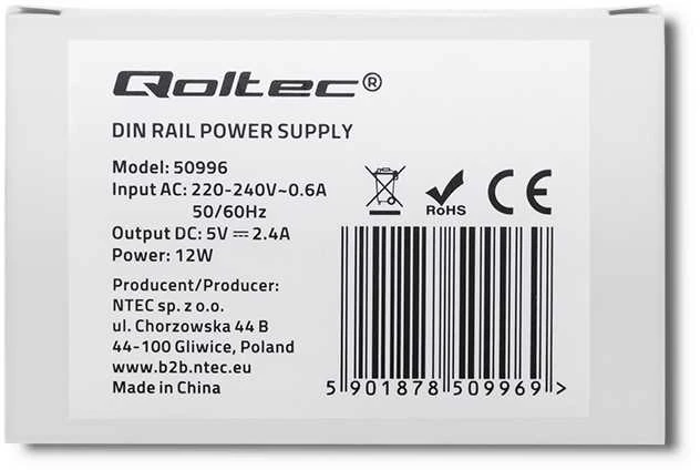 QOLTEC 50996 maitinimo šaltinis, montuojamas ant DIN bėgelio, 12 W, 5 V, 2,4 A