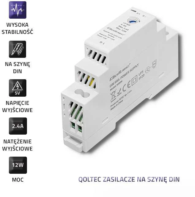 QOLTEC 50996 maitinimo šaltinis, montuojamas ant DIN bėgelio, 12 W, 5 V, 2,4 A