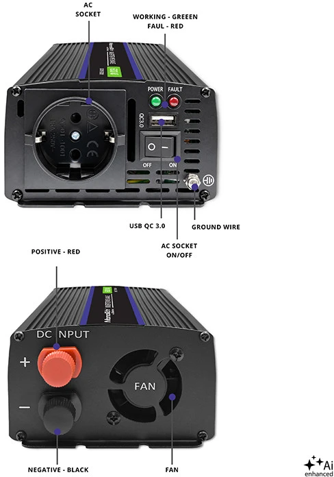 QOLTEC 51925 Monolitinis įtampos keitiklis 1200 MS Wave / 12V iki 230V / 600/1200W / USB