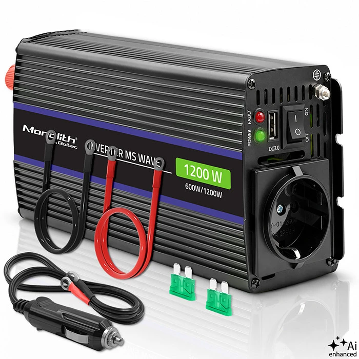 QOLTEC 51925 Monolitinis įtampos keitiklis 1200 MS Wave / 12V iki 230V / 600/1200W / USB