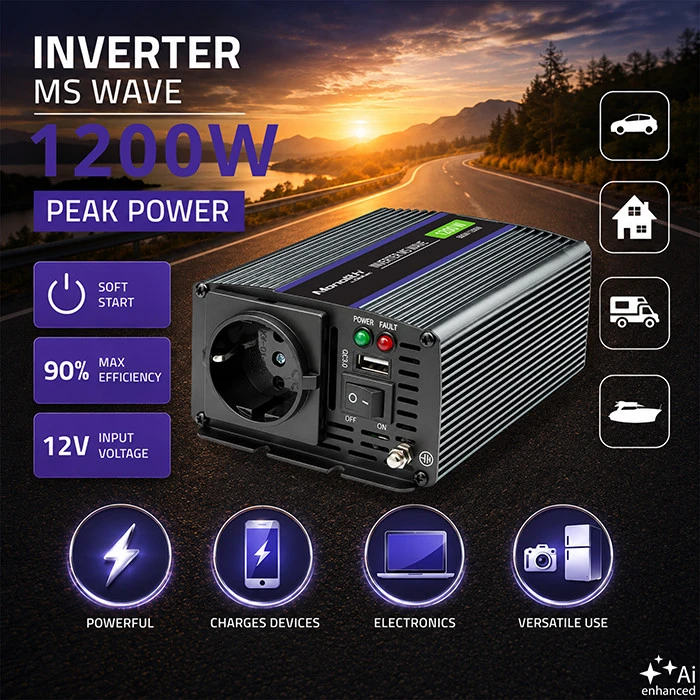 QOLTEC 51925 Monolitinis įtampos keitiklis 1200 MS Wave / 12V iki 230V / 600/1200W / USB