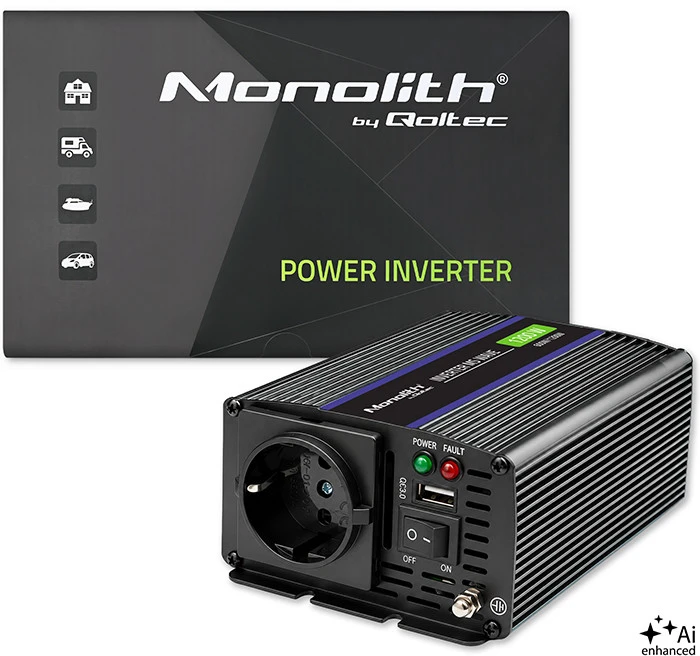 QOLTEC 51925 Monolitinis įtampos keitiklis 1200 MS Wave / 12V iki 230V / 600/1200W / USB