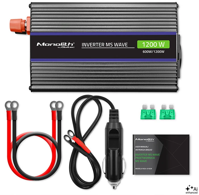 QOLTEC 51925 Monolitinis įtampos keitiklis 1200 MS Wave / 12V iki 230V / 600/1200W / USB