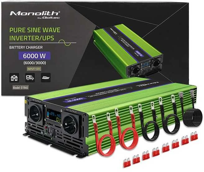 QOLTEC 51945 grynos sinusinės bangos keitiklis, monolitas / akumuliatoriaus įkroviklis / UPS / 6000 W / 3000 W / 12 V iki 230 V / LCD