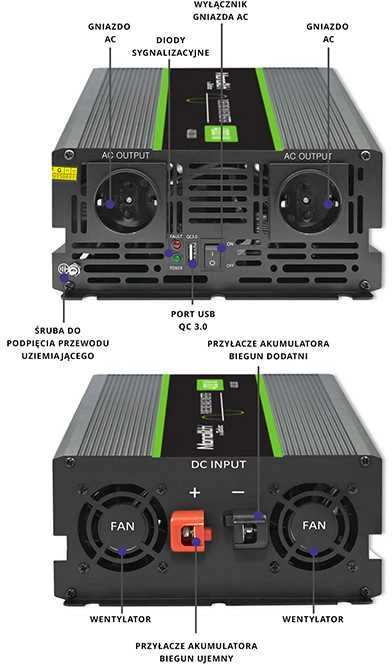 QOLTEC 51939 grynos sinusinės bangos keitiklis, monolitinis / 2000 W / 4000 W / 24 V–230 V