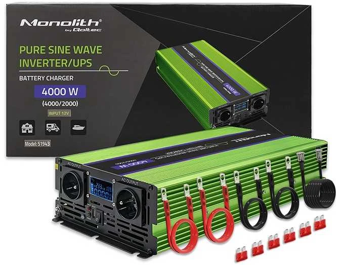 QOLTEC 51943 grynos sinusinės bangos keitiklis, monolitas / akumuliatoriaus įkroviklis / UPS / 4000 W / 2000 W / 12 V iki 230 V / LCD