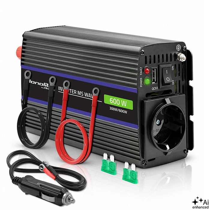 QOLTEC 51924 Monolitinis įtampos keitiklis 600 MS Wave / 12V iki 230V / 300/600W / USB