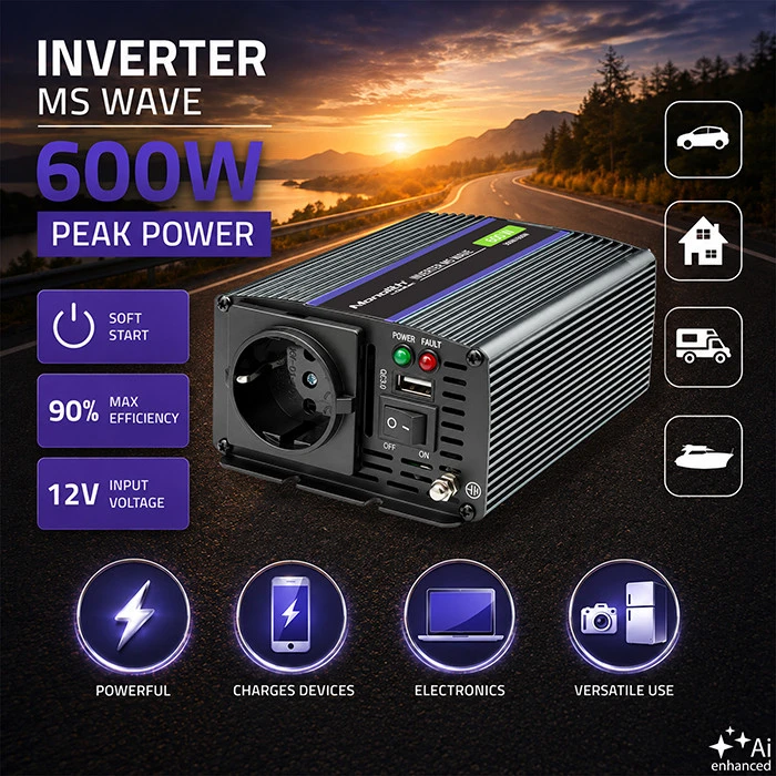 QOLTEC 51924 Monolitinis įtampos keitiklis 600 MS Wave / 12V iki 230V / 300/600W / USB