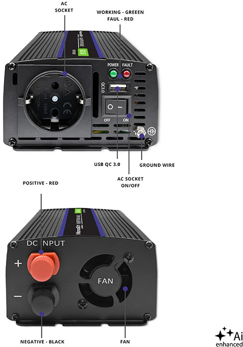 QOLTEC 51924 Monolitinis įtampos keitiklis 600 MS Wave / 12V iki 230V / 300/600W / USB