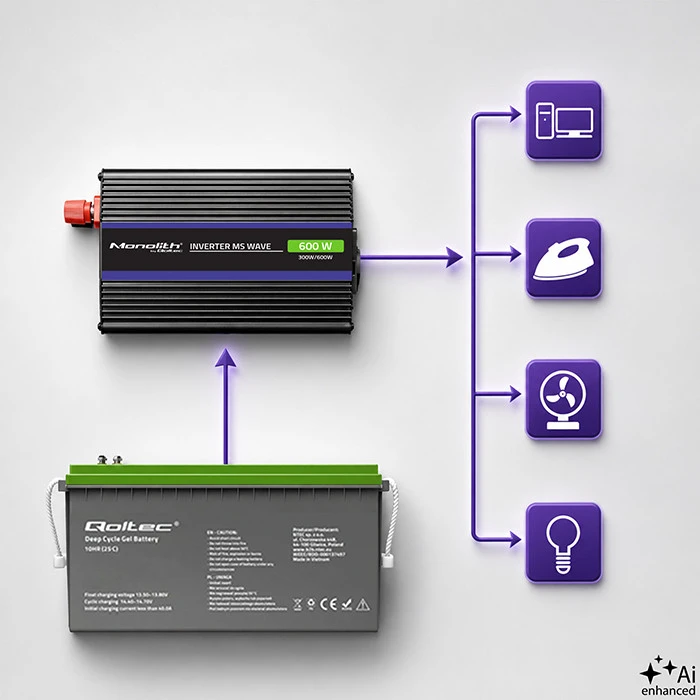 QOLTEC 51924 Monolitinis įtampos keitiklis 600 MS Wave / 12V iki 230V / 300/600W / USB