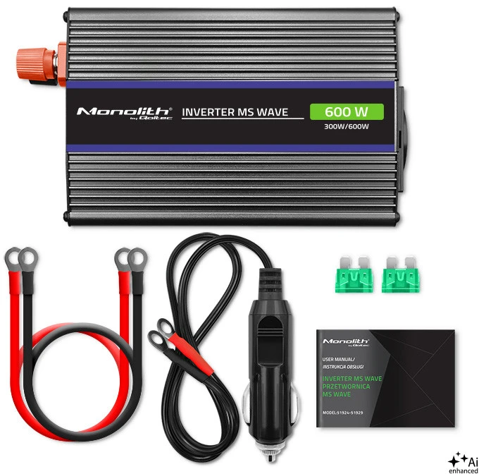 QOLTEC 51924 Monolitinis įtampos keitiklis 600 MS Wave / 12V iki 230V / 300/600W / USB