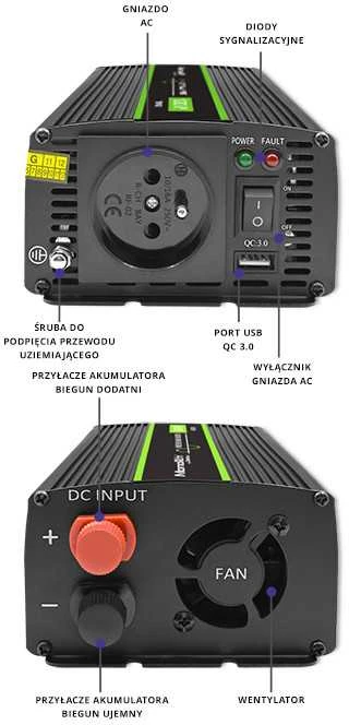 QOLTEC 51937 grynos sinusinės bangos keitiklis, monolitinis / 600 W / 1200 W / 24 V–230 V