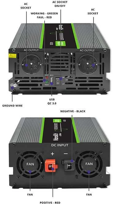 QOLTEC 51935 grynos sinusinės bangos keitiklis, monolitas / 2000 W / 4000 W / 12 V–230 V