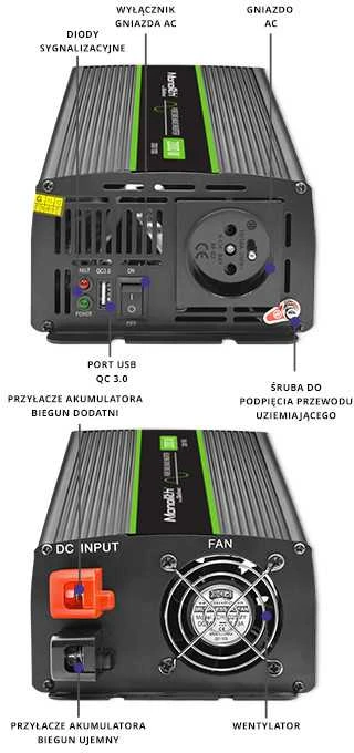 QOLTEC 51938 grynos sinusinės bangos keitiklis monolitinis / 1000 W / 2000 W / 24 V iki 230 V