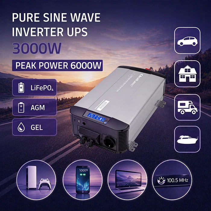 Qoltec 3000W keitiklis su LCD ekranu ir baterijų piktogramomis
